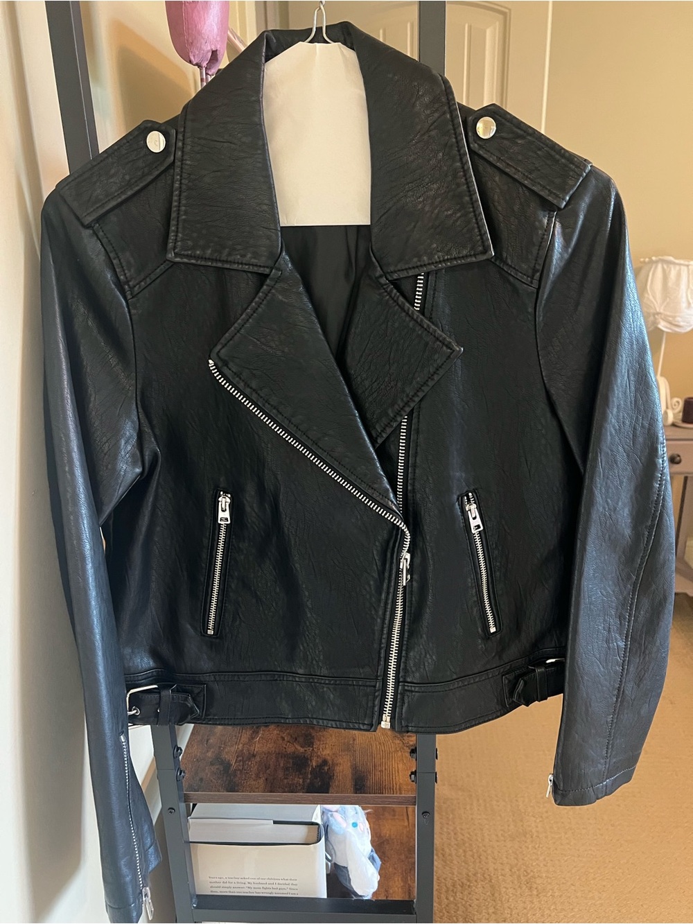Topshop Black Faux Leather Biker Jacket with Silver Hardware
